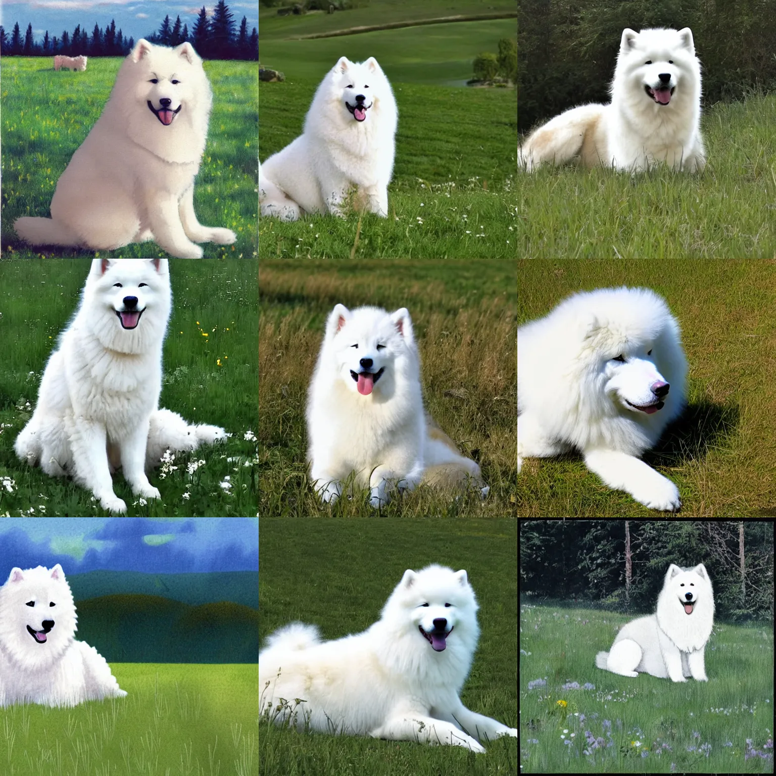 Prompt: a samoyed dog sitting in the middle of sunny meadow, by Don Heck