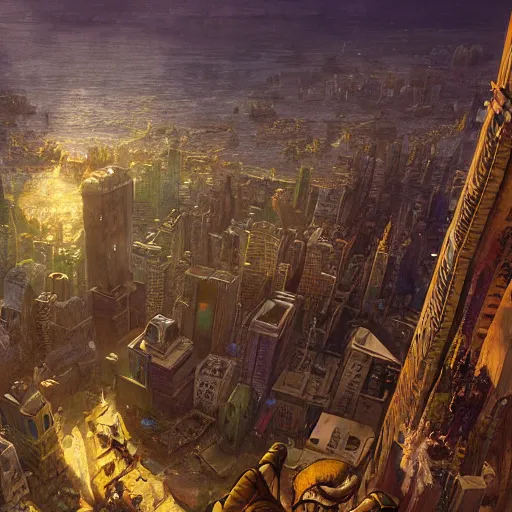 Prompt: enormous spongebob looming above a city, seen from a distance, volumetric lighting, 8 k octane beautifully detailed render, post - processing, extremely hyper - detailed, intricate, epic composition, cinematic lighting, masterpiece, trending on artstation, masterpiece, stunning art by anders zorn, wonderful masterpiece by greg rutkowski, beautiful cinematic