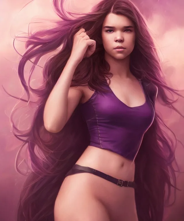 Prompt: hailee steinfeld as kate bishop by charlie bowater and titian and artgerm, full - body portrait, intricate, face, new york city, elegant, purple mist, beautiful, highly detailed, dramatic lighting, sharp focus, trending on artstation, artstationhd, artstationhq, unreal engine, 4 k, 8 k