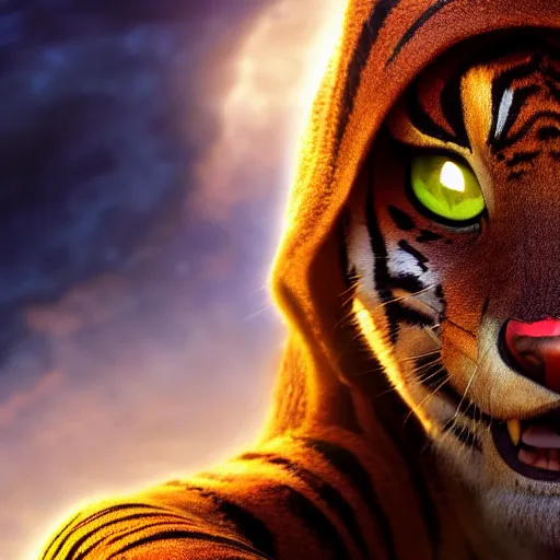 Image similar to a pixar movie tigress as a jedi templar, beautiful portrait photo, cinematic, very sharp and detailed, 4k hdr, beautiful background