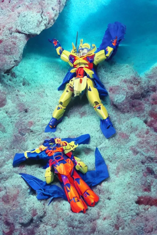 Prompt: Kodak portra 160, 8K, highly detailed, portrait, starfish pose, focus on blue armour: famous gundam in low budget joan of arc movie remake, underwater scene