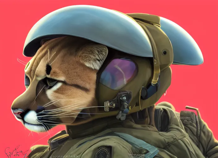 Prompt: character portrait feature of the anthro female anthropomorphic puma bobcat mountain lion fursona animal person wearing aviator sunglasses fighter jet pilot outfit uniform sitting in a fighter jet cockpit flying plane professional pilot for us air force character design stylized by charlie bowater, ross tran, artgerm, and makoto shinkai, detailed, soft lighting, rendered in octane