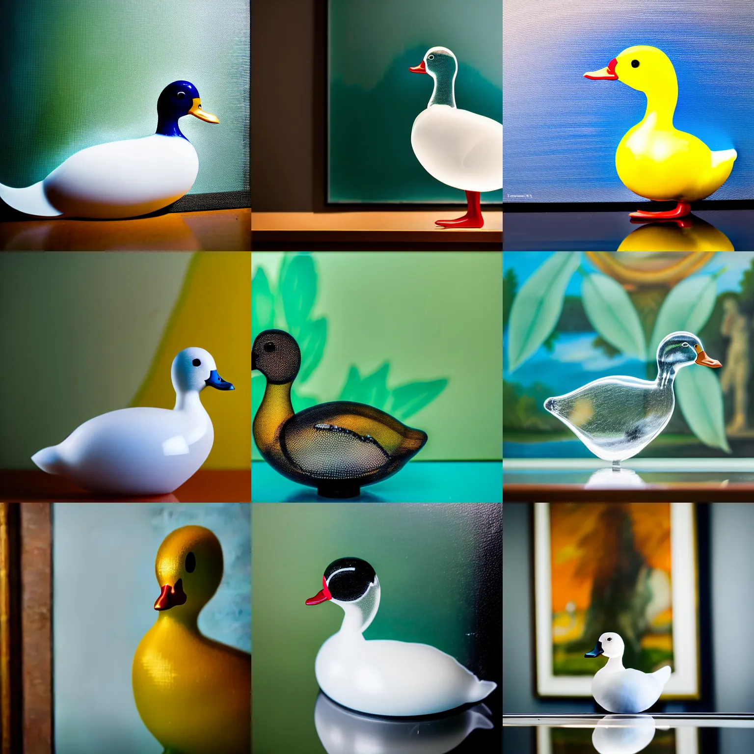 Prompt: a close up photo of a [ transparent clear glass duck in front of a painting ] [ not opaque ] [ clear duck ], professional photography, sigma 8 5 mm f / 8