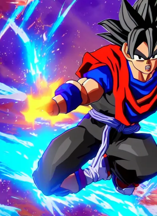 Image similar to game still of a sayan goku as a fortnite skin in fortnite by fortnite, pose.