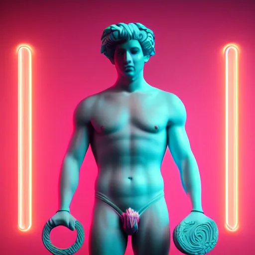 Image similar to unreal engine octane render houdini hyperreallistic render 8k marble statue of hercules vaporwave blue and pink neon background