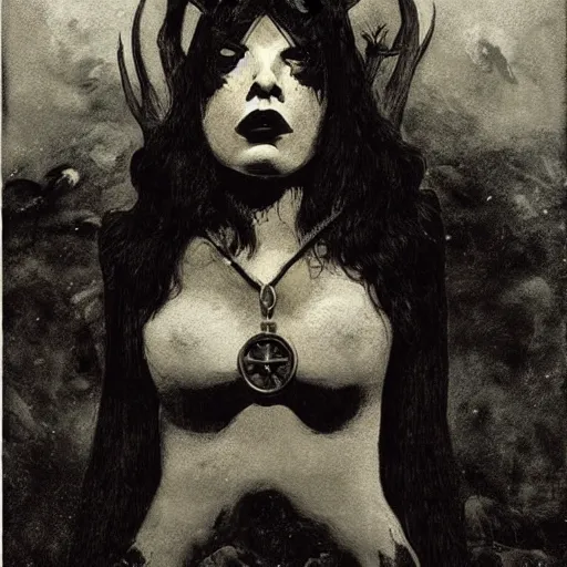 Prompt: portrait of a scandinavian holy undead witch female with animal horns, satanic kvlt by peder balke by peder balke by greg rutkowski, by guido crepax by norman bluhm mystic high contrast monochromatic noir