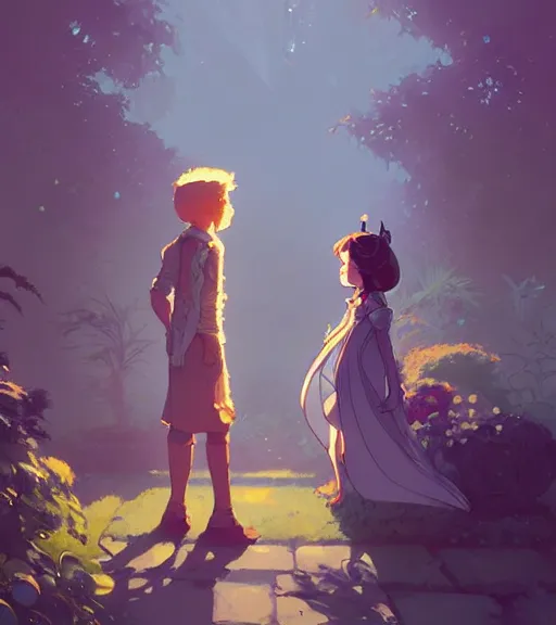 Image similar to a princess and a prince near face to face in the beautiful garden by atey ghailan, by greg rutkowski, by greg tocchini, by james gilleard, by joe fenton, by kaethe butcher, dynamic lighting, gradient light blue, brown, blonde cream and white color scheme, grunge aesthetic