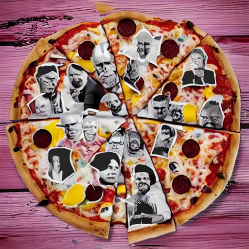 Prompt: pizza made of walter white figurine stickers, unreal, render, splash, award winning photograph