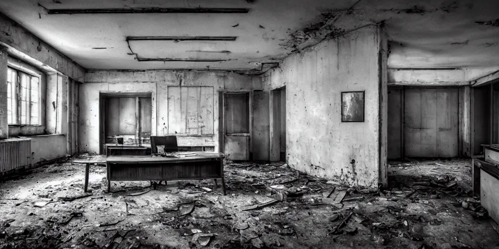 Prompt: grimy grungy abandoned soviet era kgb office, 3 5 mm photography, shallow depth of field, desaturated, high detail, low key