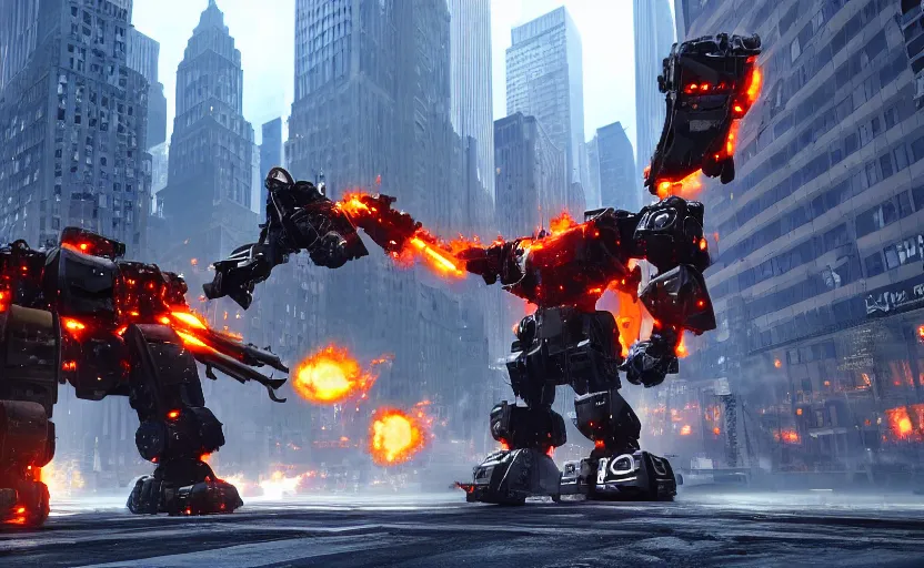 Image similar to an epic fight between two gigantic weaponized mechs in the middle of new york city, epic, cinematic, realistic, raytracing, 4 k, destructive, awesome, stunning