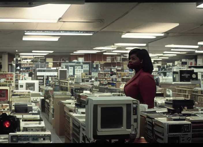 Image similar to cinematic wide shot of backlit windows of a narrow used electronics store, octavia spencer wanders the messy aisles, keyboards, iconic scene from the paranoid thriller sci fi film directed by stanley kubrick, anamorphic cinematography, beautiful composition, color theory, leading lines, photorealistic, volumetric lighting