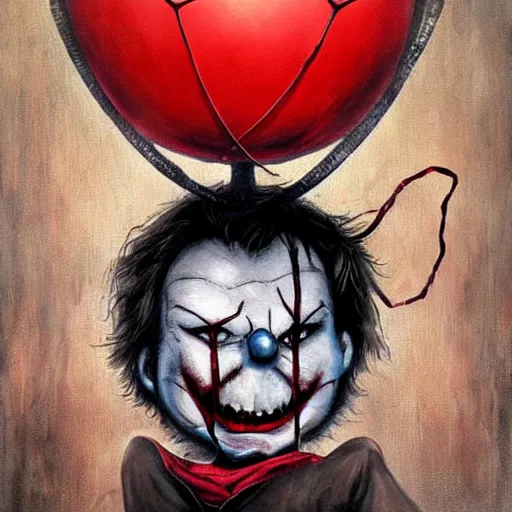 Prompt: grunge painting of spiderman with a wide smile and a red balloon by chris leib, loony toons style, pennywise style, corpse bride style, horror theme, detailed, elegant, intricate, conceptual, volumetric light