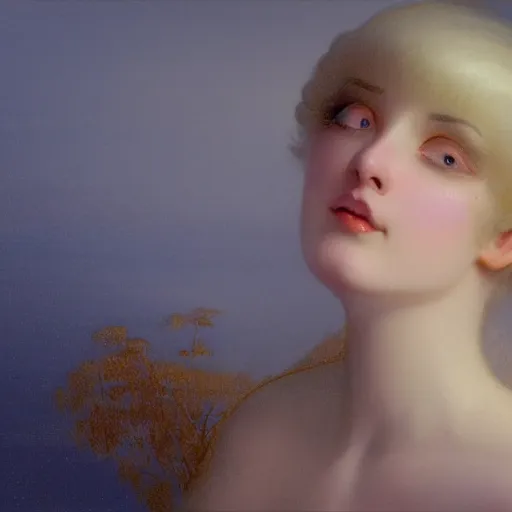 Image similar to a young woman's face, her hair is white and she wears an indigo blue satin cloak, by ivan aivazovsky and syd mead and moebius and gaston bussiere and roger dean and pieter claesz and paul delaroche and alma tadema and aelbert cuyp and jan heem, hyperrealistic, volumetric light, octane render