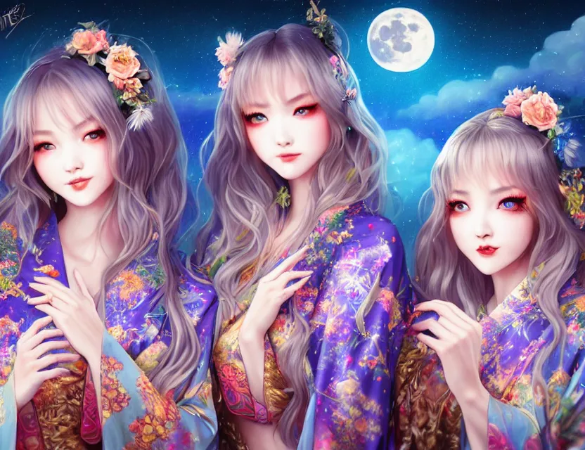 Image similar to two beautiful alluring siberian girls wear fantasy kimono in festival | | sunny night, full moon, dreamlike art, realistic shaded, smile, good looking, hyper details, 4 k realistic, cryengine, realistic shaded lighting poster by artgerm, ross tran, fuji choko, 8 k resolution, trending on artstation, luxury