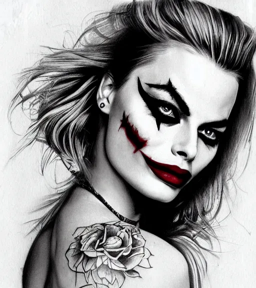 Image similar to tattoo design sketch of beautiful margot robbie portrait with joker makeup, in the style of den yakovlev, realistic face, black and white, realism tattoo, hyper realistic, highly detailed