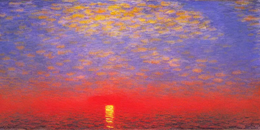 Image similar to An aesthetically pleasing, dynamic, energetic, lively, well-designed digital art of a sunset, light and shadow, caustics, by Claude Monet, superior quality, masterpiece, excellent use of negative space.