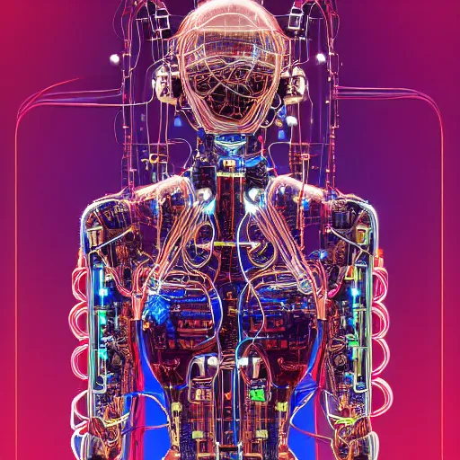 Image similar to a beautiful body of a bot pilot woman mostly made of wires and electronic circuits, an ultrafine detailed illustration by james jean, final fantasy, intricate linework, bright colors, behance contest winner, vanitas, angular, altermodern, unreal engine 5 highly rendered, global illumination, radiant light, detailed and intricate environment