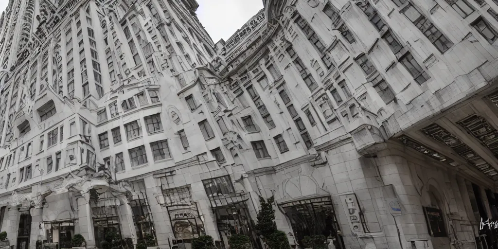 Prompt: outside the waldorf astoria main entrance, wide angle lens, high quality, architectural photoshoot