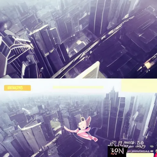 Image similar to streamer lilypichu flying above a city, realistic, scary, ominous.