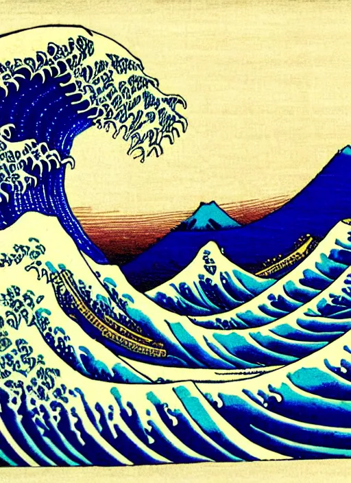 Image similar to a painting of waves in the ocean with mountains in the background, a woodcut by utagawa hiroshige ii, pixiv, ukiyo - e, ukiyo - e, vaporwave, woodcut