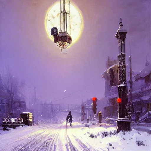 Image similar to painting of syd mead artlilery scifi organic shaped electric pole with ornate metal work lands on a snowy road, fossil ornaments, volumetric lights, purple sun, andreas achenbach