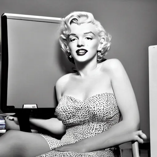 Prompt: Marilyn Monroe is very annoyed while trying to sell a dress on Vinted. She is sited in front of a computer in a large room with a lot of cartoon boxes in the background. 50 mm, award winning photography, contrasted.