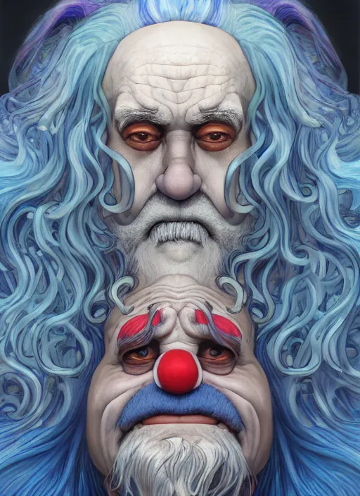 Image similar to wrinkled old clown with curly shiny shimmering blue hair, path traced, highly detailed, high quality, digital painting, by studio ghibli and alphonse mucha, leesha hannigan, hidari, disney