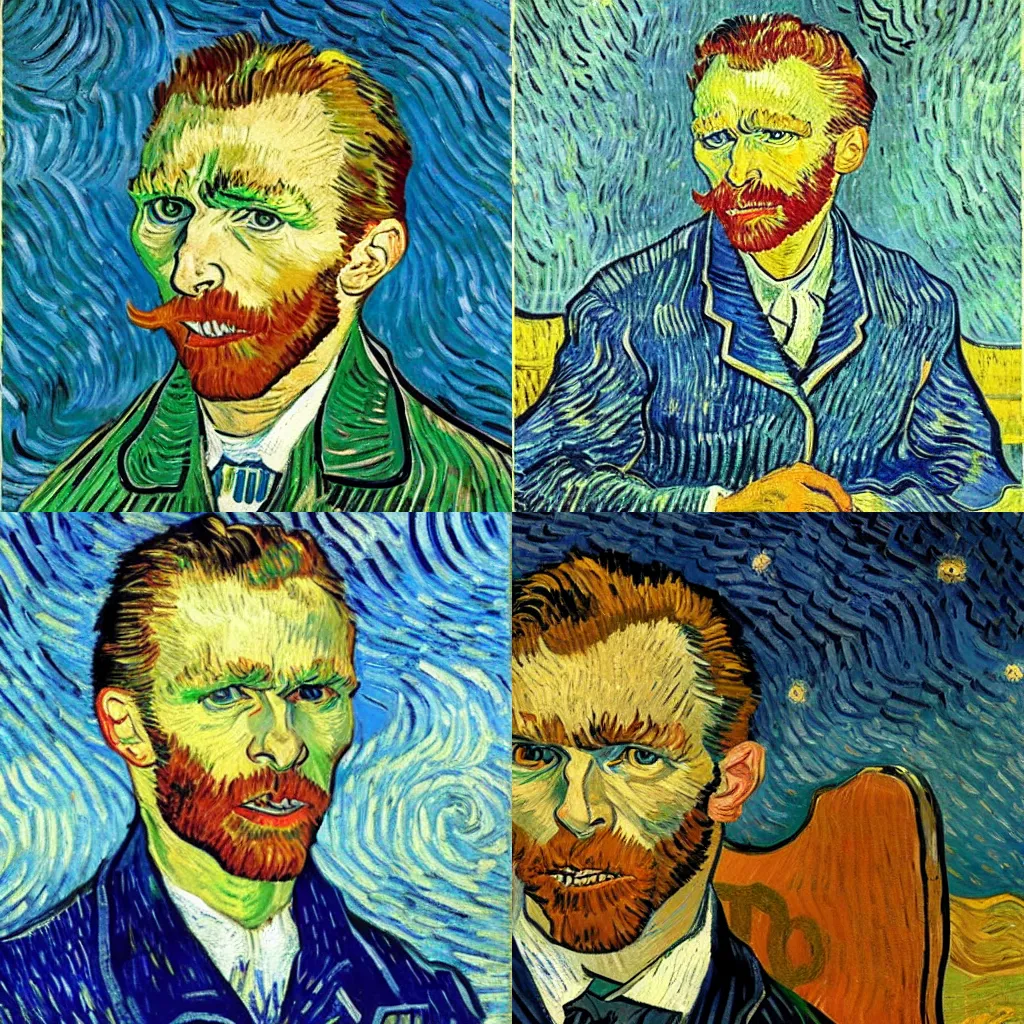 Prompt: emanuel macron shouting at midnight furiously, painting by van gogh