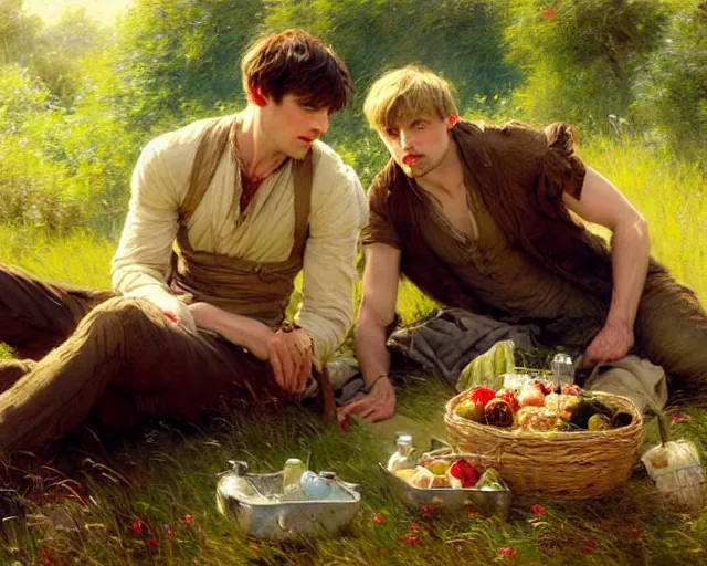 Prompt: attractive bradley james and attractive colin morgan go to a meadow to have a picnic. highly detailed painting by gaston bussiere, craig mullins, j. c. leyendecker 8 k