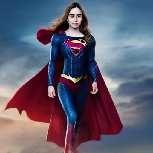 Image similar to a potrait of Lily Collins as Supergirl with man of steel suit style by Greg Rutkowski, Sung Choi, Mitchell Mohrhauser, Maciej Kuciara, Johnson Ting, Maxim Verehin, Peter Konig, 8k photorealistic, cinematic lighting, HD, high details, dramatic, trending on artstation, full body shot