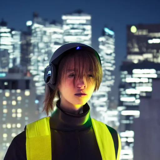 Image similar to photographic portrait of a techwear woman, closeup, on the rooftop of a futuristic city at night, sigma 85mm f/1.4, 4k, depth of field, high resolution, 4k, 8k, hd, full color