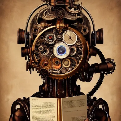 Image similar to a beautiful intricate fine art portrait photo of a a mechanical industrial steampunk cybernetic robot reading a letter held in her hands, by tom bagshaw and zach sutton, perfection!, happiness!!, golden ratio composition, studio lighting, 50mm lens, very detailed, bionic, cybernetic scifi, deep depth of field, artstation, 8K, highly coherent