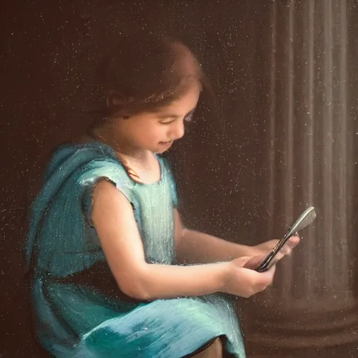 Prompt: a roman painting of a girl playing on her phone, 5 0 mm lens, f 1. 4, sharp focus, ethereal, emotionally evoking, head in focus, volumetric lighting, 8 k