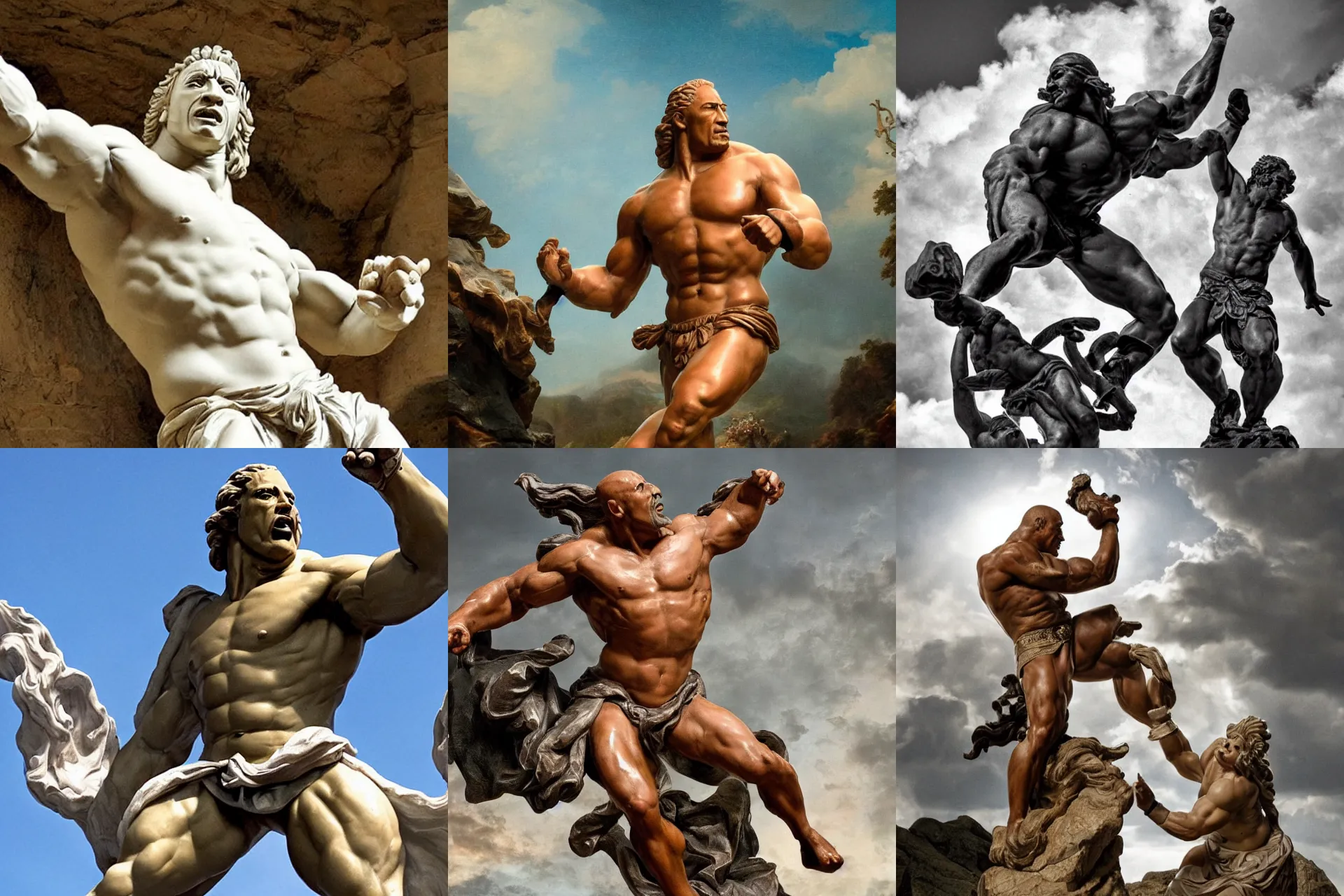 Prompt: Baroque statue of Dwayne The Rock Johnson fighting against Zeus