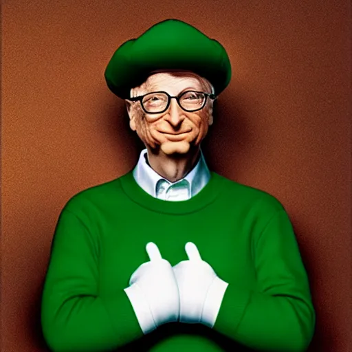 Image similar to uhd candid photo of hyperdetailed bill gates dressed as luigi. correct face, cinematic lighting, photo by annie leibowitz, and steve mccurry.