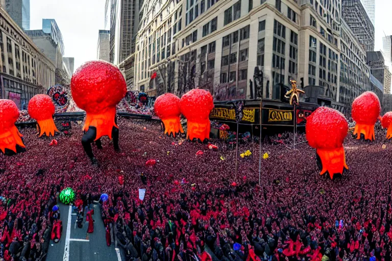 Prompt: photo of giant horrific death metal elaborate parade with float characters designed by ( ( ( ( ( ( ( ( death metal bands ) ) ) ) ) ) ) ) and heavy metal!!!!!!!!!!!!!!, in the macys parade, detailed 4 k photo,