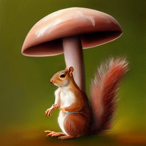 Prompt: a squirrel hiding from the rain under a mushroom, artstationhq, trending on artstation, oil painting