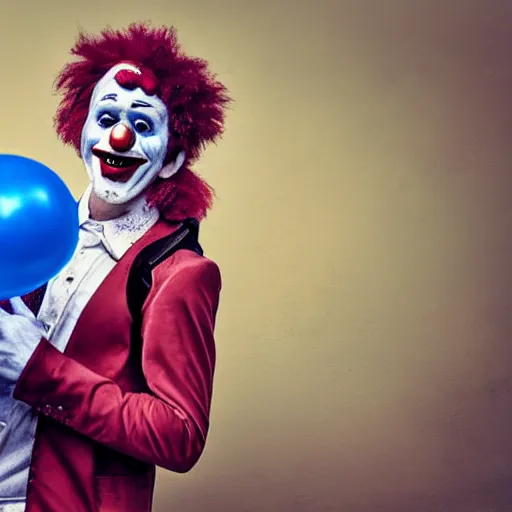 Image similar to realistic colorful beautiful cinematic epic image of a clown holding a blue ballon lost in a fair