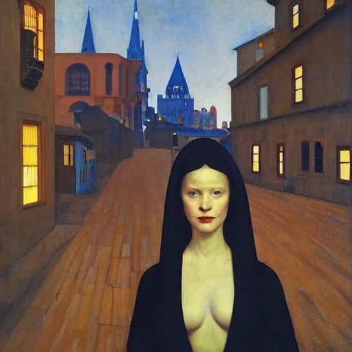 Image similar to a woman in a medieval city, a lots of crows, hyperrealistic film still by edward hopper, by gottfried helnwein, by klimt, by paolo uccello, art nouveau, highly detailed, strong lights, liminal, eerie, symbolist, bright pastel colors