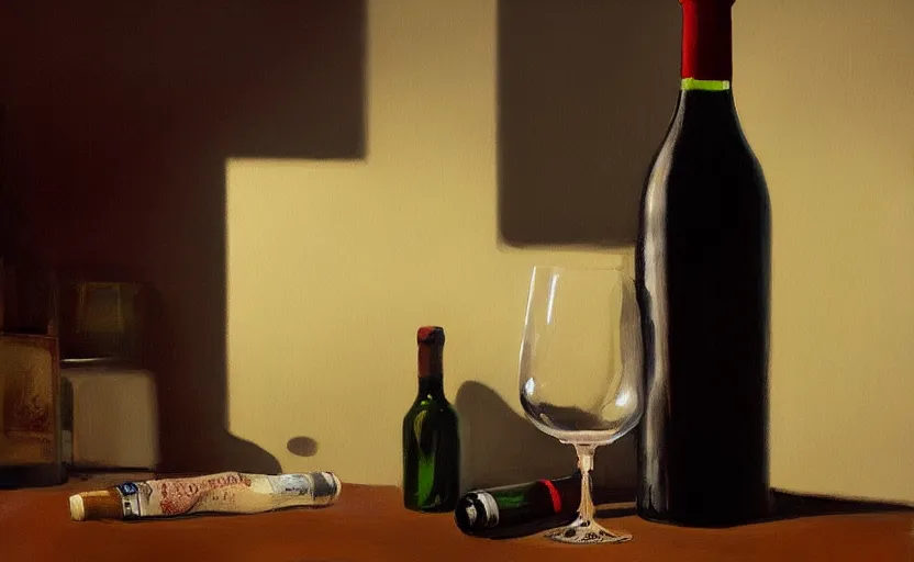 Prompt: A painting of a bottle of wine trending on artstation in the style of Greg Rutkowski