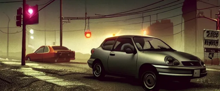 Image similar to Grey Nissan Micra K12 (2006), a gritty neo-noir, dramatic bright lighting, cinematic, establishing shot, extremely high detail, photorealistic, cinematic lighting, artstation, by simon stalenhag, Max Payne (PC) (2001)