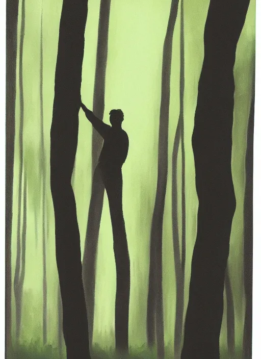 Image similar to a white silhouette of a man against a dark forest background, lots of plants, low light, oil painting