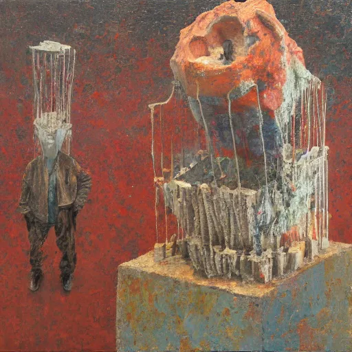 Image similar to a detailed, impasto painting by shaun tan and louise bourgeois of an abstract forgotten sculpture by ivan seal and the caretaker