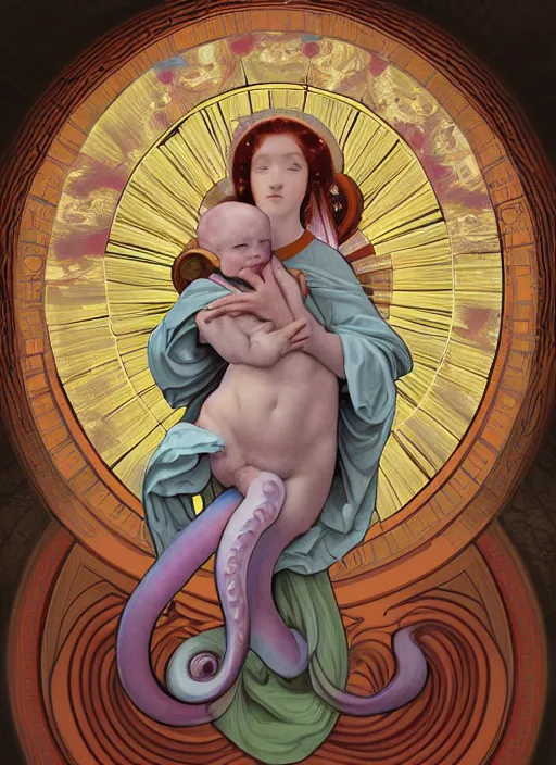 Prompt: holy cephalopod squid deity ascending into heaven digital painting in the style of Raphael and Mark Ryden and Alphonse Mucha