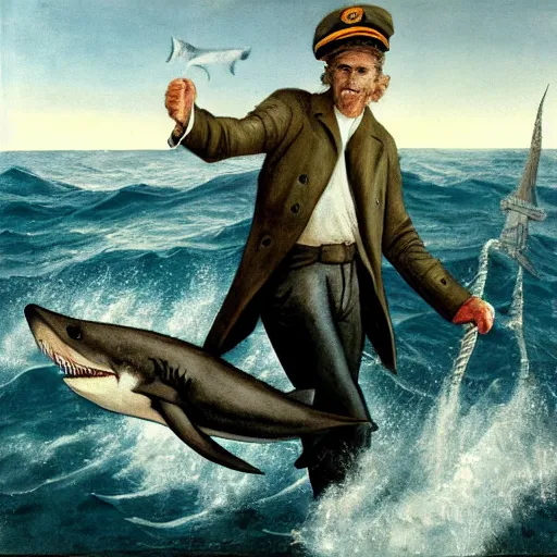 Image similar to Old sailor Willem Dafoe in captain's clothes holds a shark at arm's length, stands on the deck against the background of a raging sea, the background is blurred, focus in the foreground, realism, details,