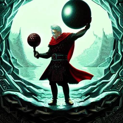 Image similar to odin holds his hands on the dragon orb, beautiful detailed pixelart by albertov, intricate details, beautiful, dithered gradients, volumetric lighting, cgsociety, artstation, smooth, sharp focus, 2 d illustration, by greg rutkowski, amazing art by dan mumford