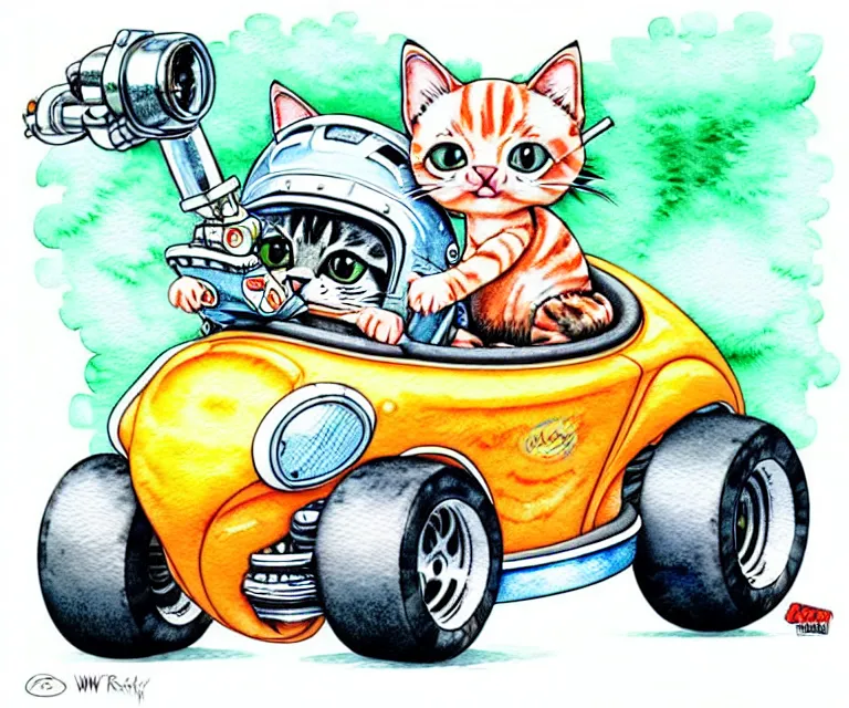 Image similar to cute and funny, kitten wearing a helmet riding in a tiny hot rod with oversized engine, ratfink style by ed roth, centered award winning watercolor pen illustration, isometric illustration by chihiro iwasaki, edited by range murata, tiny details by artgerm and watercolor girl, symmetrically isometrically centered