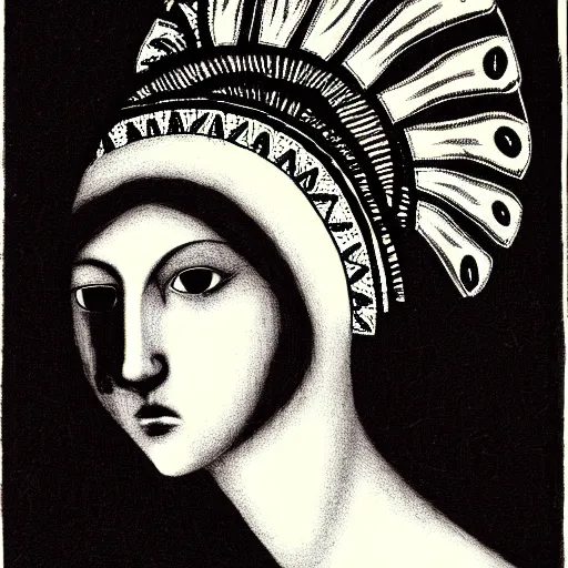 Prompt: a print of a woman's head with a headdress, dark vibe, esoteric, monochrome,