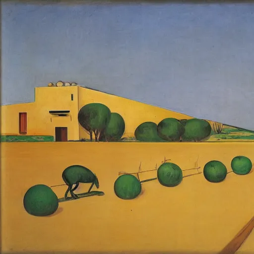 Prompt: kibbutz ein harod ihud in israel by giorgio de chirico and edward hopper