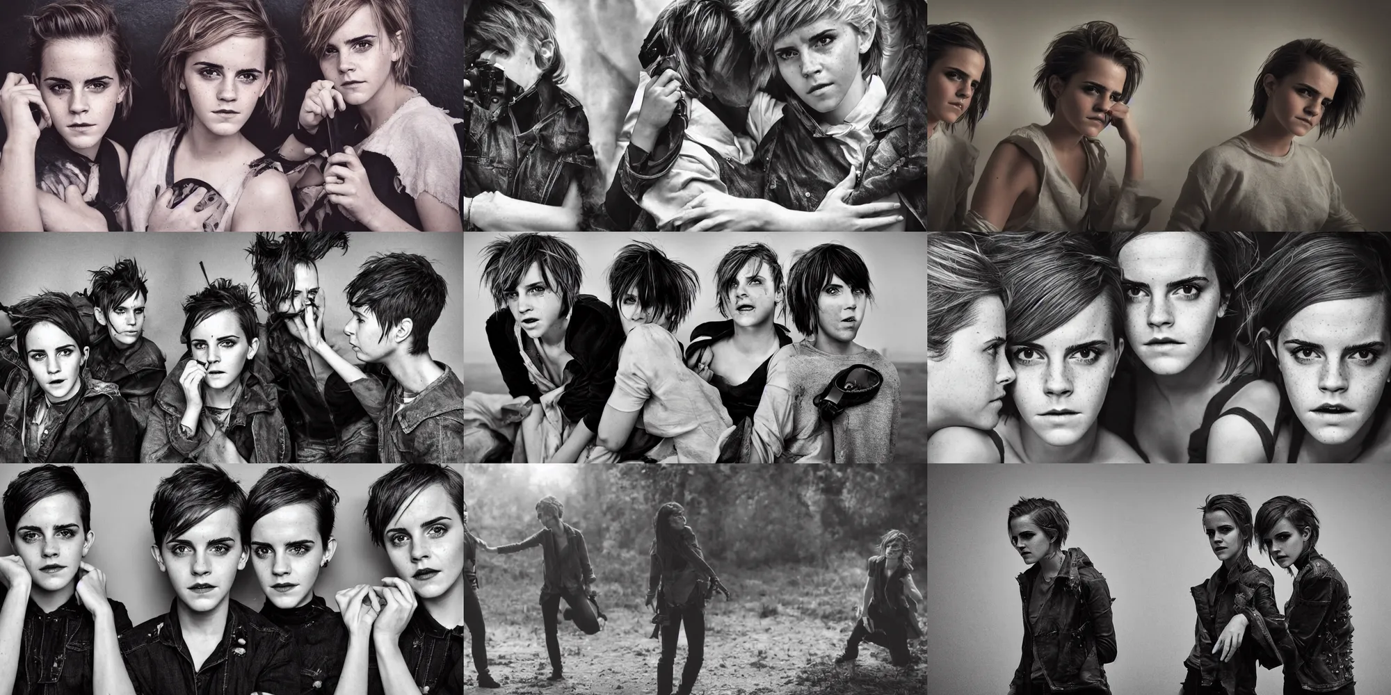 Prompt: portrait emma watson short spiky hair identical twins screaming greg rutkowski!!! greg rutkowski!!! james gurney james gurney canon eos david bailey!!! david bailey!!!! corinne day cinematic filmic photorealistic hyperdetailed cinematic lighting canon eos r 3 fujifilm x - t 3 0 sony alpha a 6 6 0 0 nikon d 5 0 0